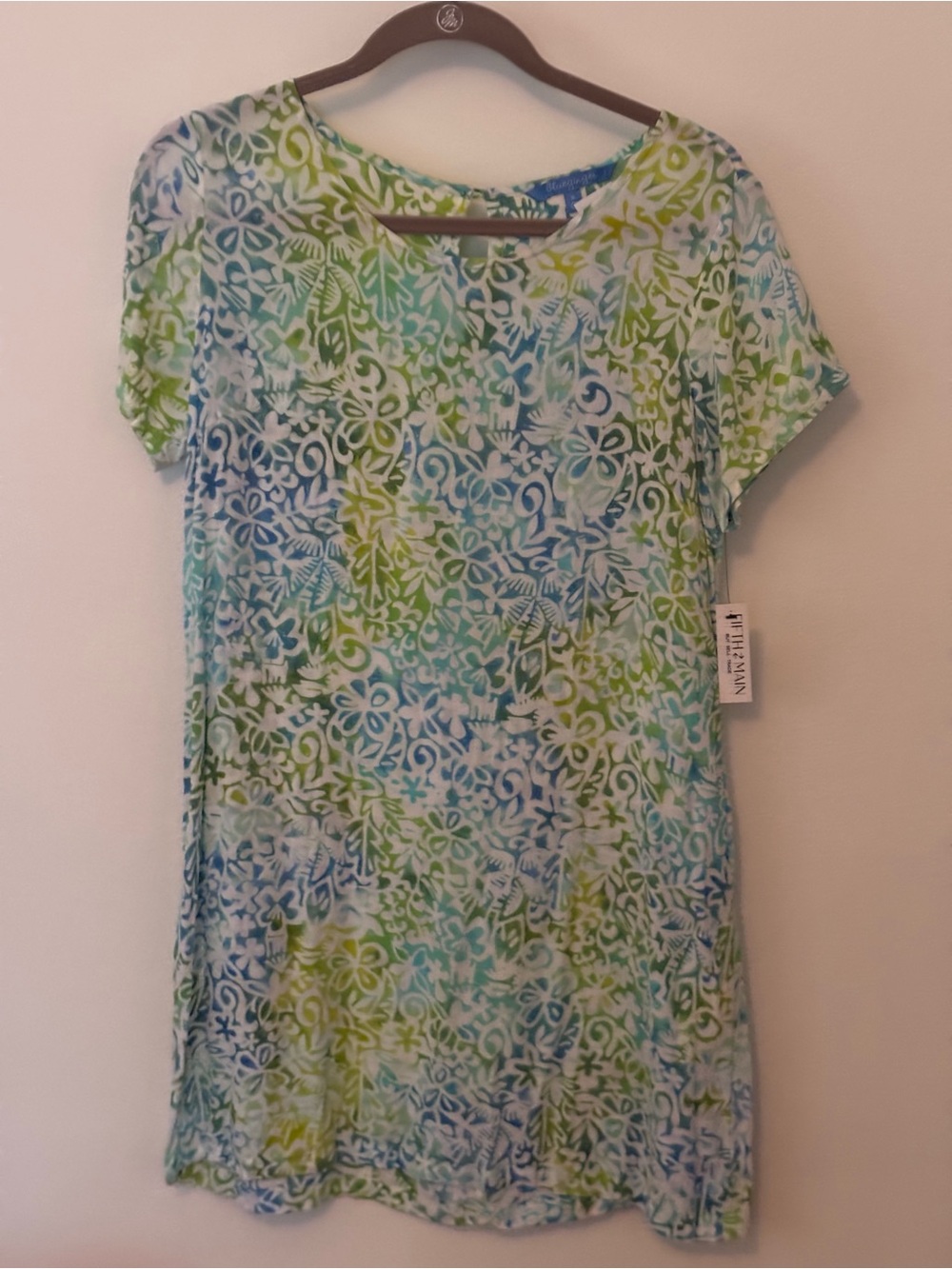 Blueginger Women's Short Sleeve Floral-Print Dress- Blue & Green
